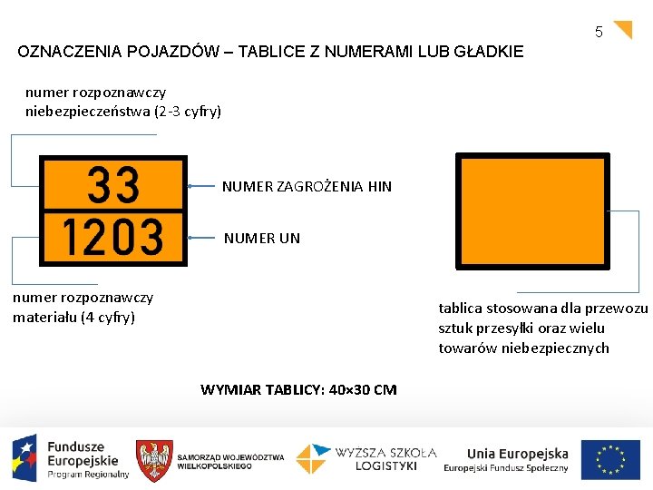 5 OZNACZENIA POJAZDÓW – TABLICE Z NUMERAMI LUB GŁADKIE numer rozpoznawczy niebezpieczeństwa (2 -3