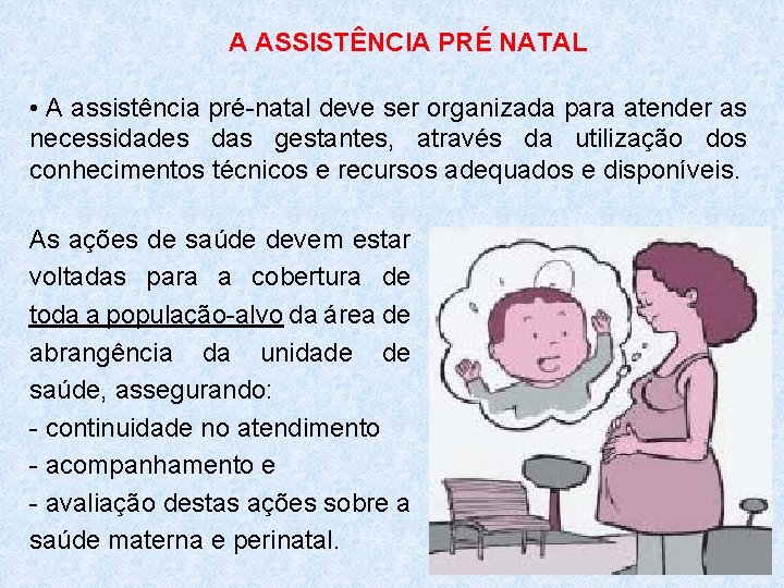 A ASSISTÊNCIA PRÉ NATAL • A assistência pré-natal deve ser organizada para atender as