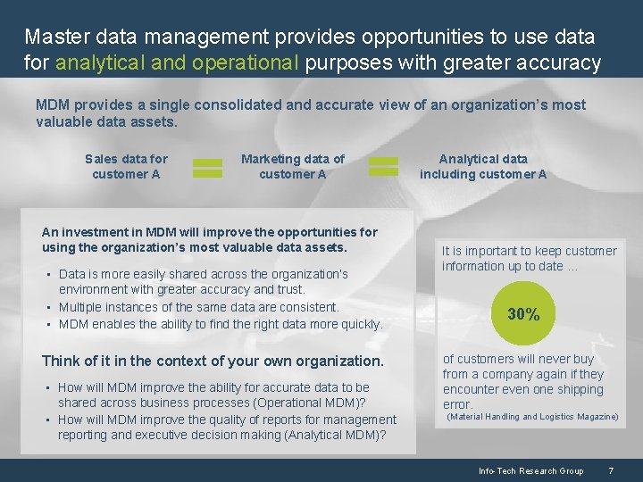 Master data management provides opportunities to use data for analytical and operational purposes with