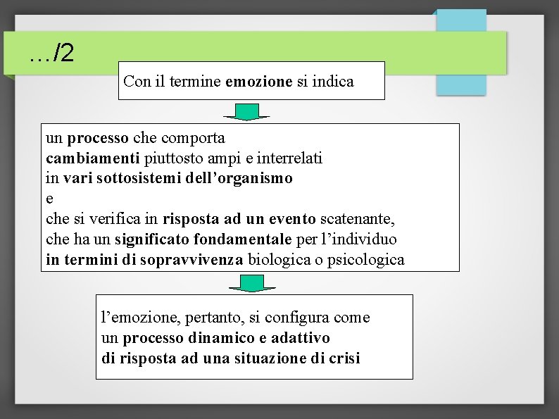 …/2 Con il termine emozione si indica un processo che comporta cambiamenti piuttosto ampi