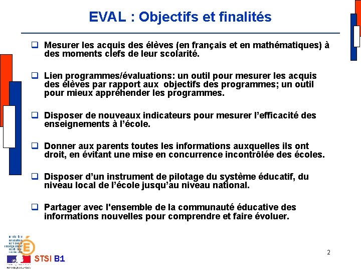 EVAL : Objectifs et finalités q Mesurer les acquis des élèves (en français et