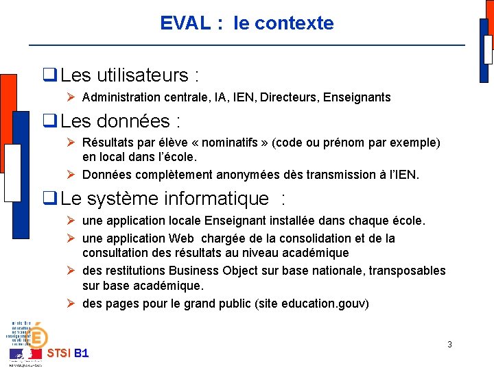 EVAL : le contexte q Les utilisateurs : Ø Administration centrale, IA, IEN, Directeurs,
