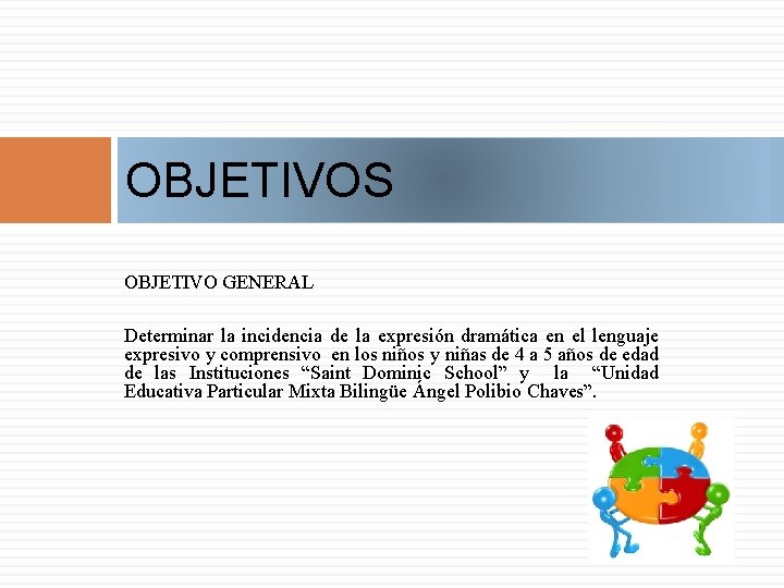 OBJETIVOS OBJETIVO GENERAL Determinar la incidencia de la expresión dramática en el lenguaje expresivo