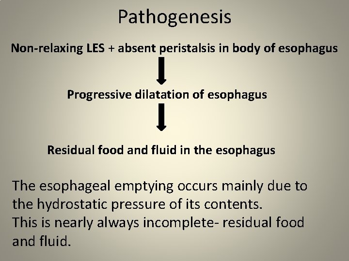 Pathogenesis Non-relaxing LES + absent peristalsis in body of esophagus Progressive dilatation of esophagus