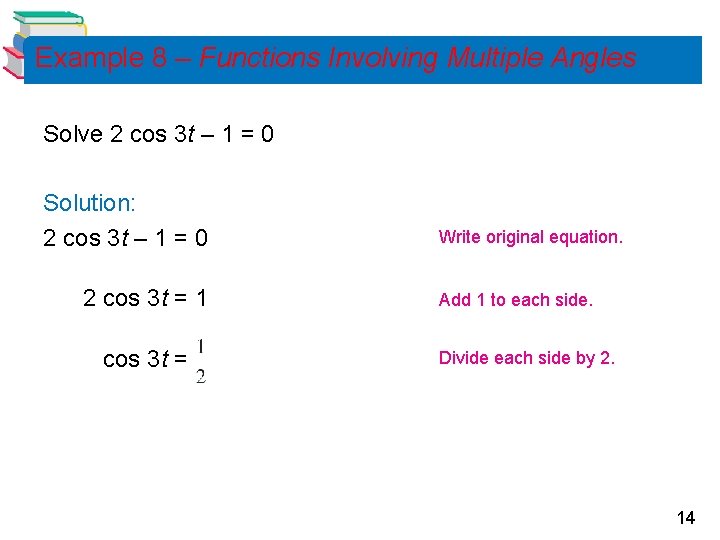 Example 8 – Functions Involving Multiple Angles Solve 2 cos 3 t – 1