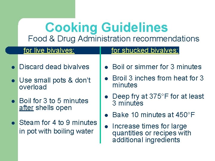 Cooking Guidelines Food & Drug Administration recommendations for live bivalves: for shucked bivalves: l