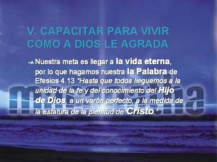 V. CAPACITAR PARA VIVIR COMO A DIOS LE AGRADA meta es llegar a la