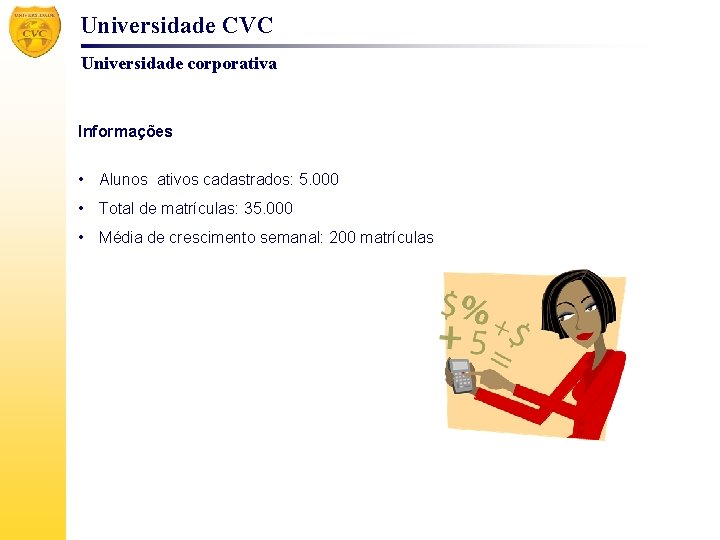 Universidade CVC Universidade corporativa Informações • Alunos ativos cadastrados: 5. 000 • Total de