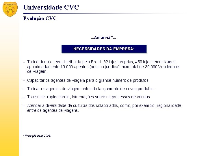 Universidade CVC Evolução CVC . . . Amanhã *. . . NECESSIDADES DA EMPRESA: