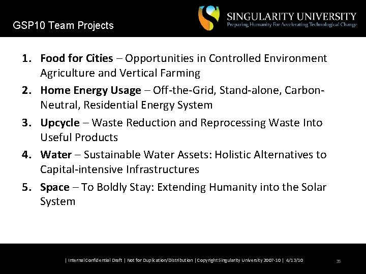 GSP 10 Team Projects 1. Food for Cities – Opportunities in Controlled Environment Agriculture