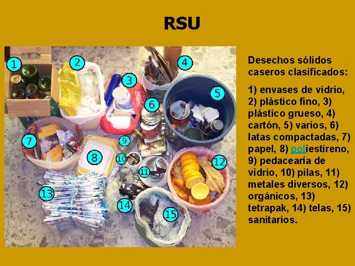RSU Desechos sólidos caseros clasificados: 1) envases de vidrio, 2) plástico fino, 3) plástico