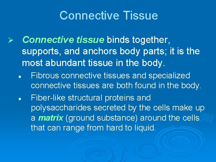 Connective Tissue Connective tissue binds together, supports, and anchors body parts; it is the