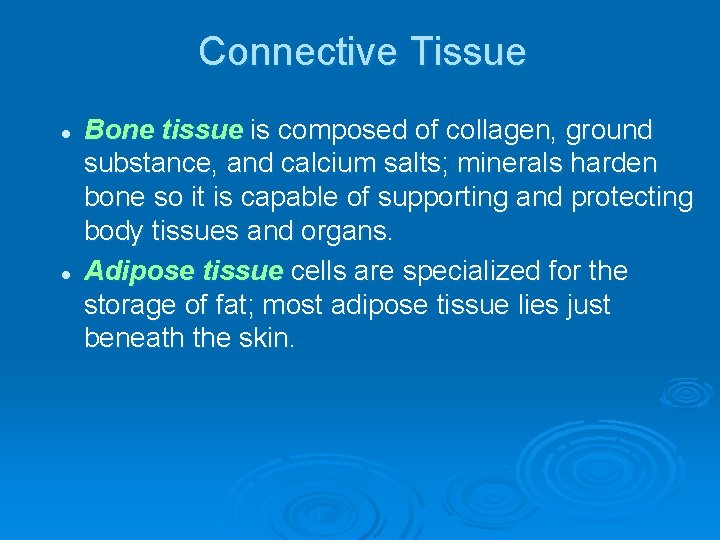 Connective Tissue l l Bone tissue is composed of collagen, ground substance, and calcium