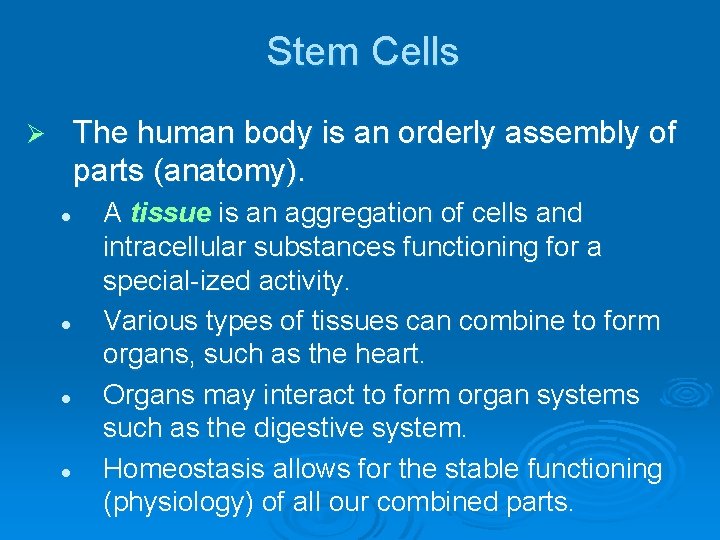 Stem Cells The human body is an orderly assembly of parts (anatomy). Ø l