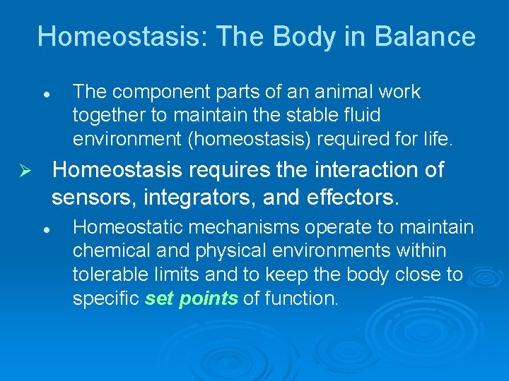 Homeostasis: The Body in Balance l The component parts of an animal work together