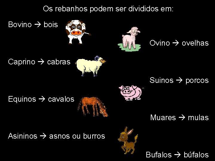 Os rebanhos podem ser divididos em: Bovino bois Ovino ovelhas Caprino cabras Suinos porcos Os rebanhos podem ser divididos em: Bovino bois Ovino ovelhas Caprino cabras Suinos porcos