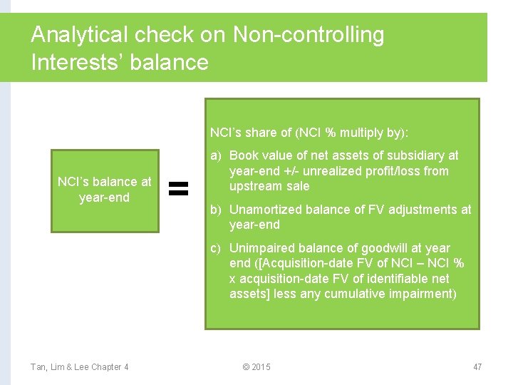 Analytical check on Non-controlling Interests’ balance NCI’s share of (NCI % multiply by): NCI’s