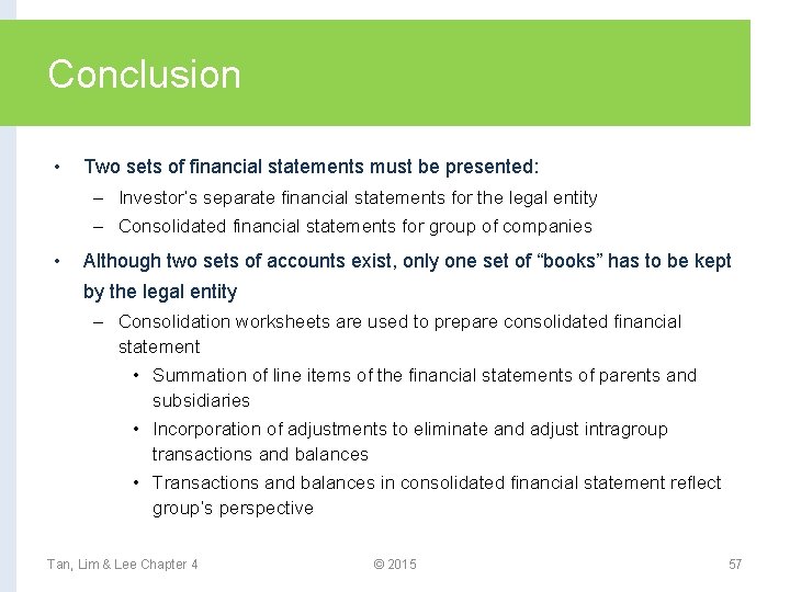 Conclusion • Two sets of financial statements must be presented: – Investor’s separate financial