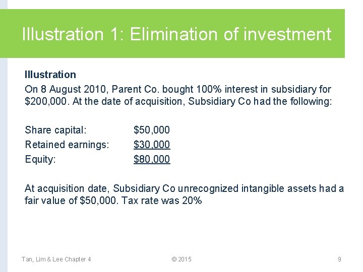 Illustration 1: Elimination of investment Illustration On 8 August 2010, Parent Co. bought 100%