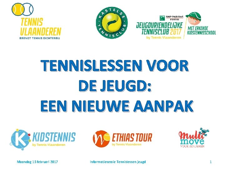 TENNISLESSEN VOOR DE JEUGD: EEN NIEUWE AANPAK Maandag 13 februari 2017 Informatiesessie Tennislessen jeugd TENNISLESSEN VOOR DE JEUGD: EEN NIEUWE AANPAK Maandag 13 februari 2017 Informatiesessie Tennislessen jeugd