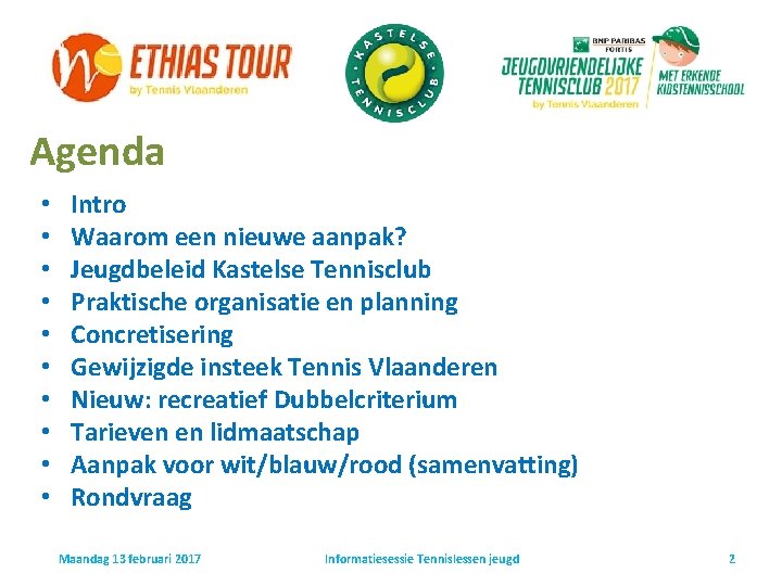 Agenda • • • Intro Waarom een nieuwe aanpak? Jeugdbeleid Kastelse Tennisclub Praktische organisatie