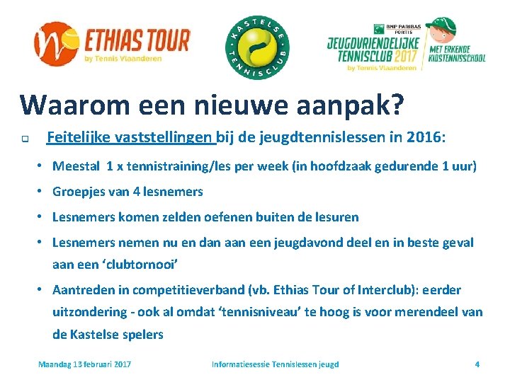 Waarom een nieuwe aanpak? q Feitelijke vaststellingen bij de jeugdtennislessen in 2016: • Meestal