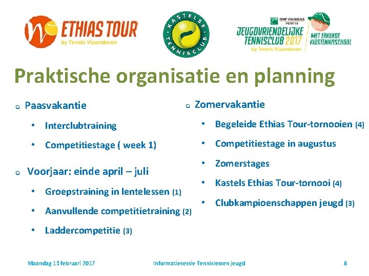 Praktische organisatie en planning q q Paasvakantie q Zomervakantie • Interclubtraining • Begeleide Ethias