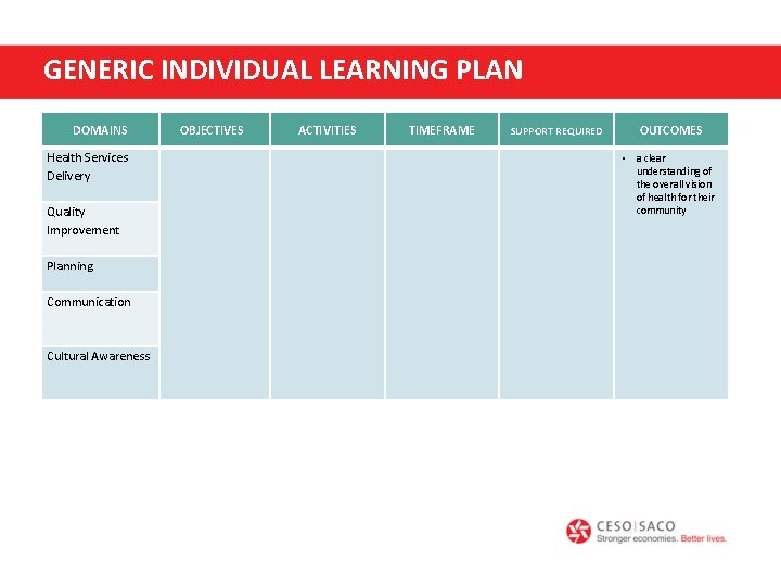 GENERIC INDIVIDUAL LEARNING PLAN DOMAINS Health Services Delivery Quality Improvement Planning Communication Cultural Awareness