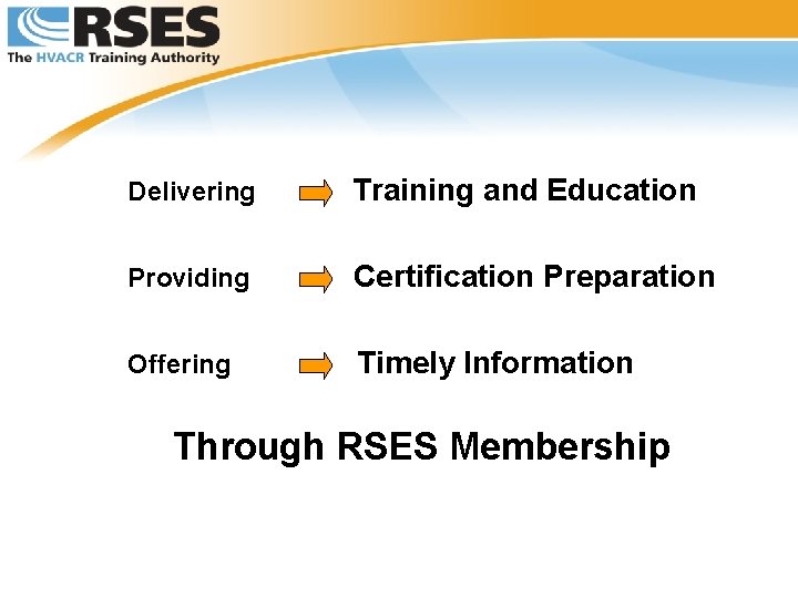 Delivering Training and Education Providing Certification Preparation Offering Timely Information Through RSES Membership 