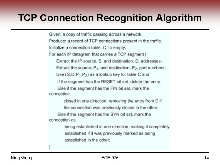 TCP Connection Recognition Algorithm Ning Weng ECE 526 14 