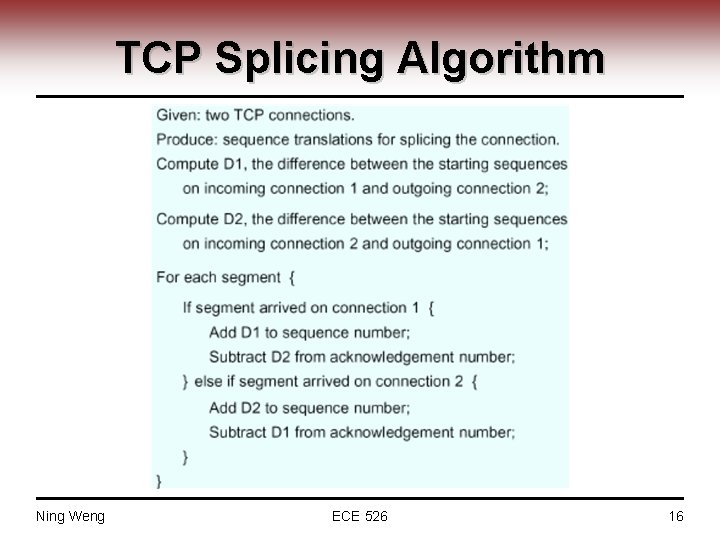 TCP Splicing Algorithm Ning Weng ECE 526 16 