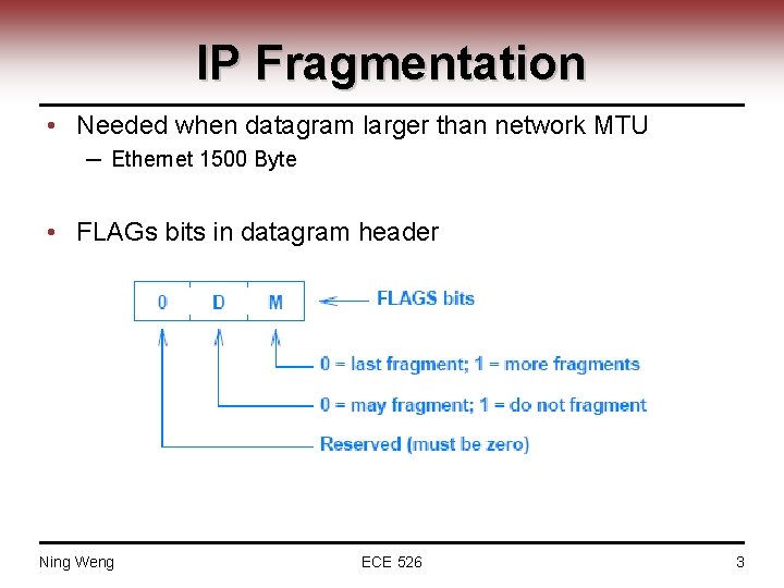 IP Fragmentation • Needed when datagram larger than network MTU ─ Ethernet 1500 Byte