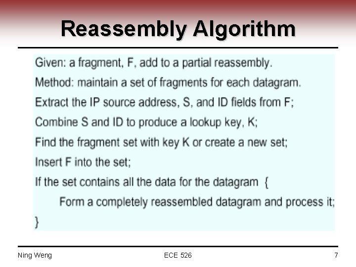 Reassembly Algorithm Ning Weng ECE 526 7 