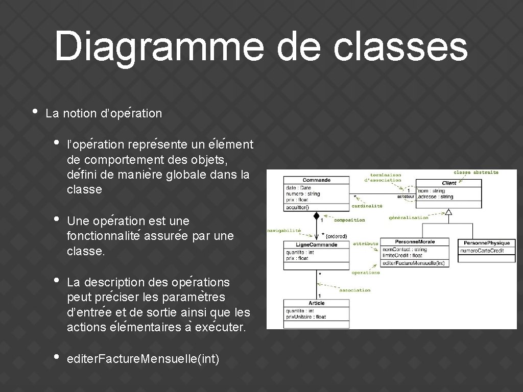 Diagramme de classes • La notion d’ope ration • l’ope ration repre sente un