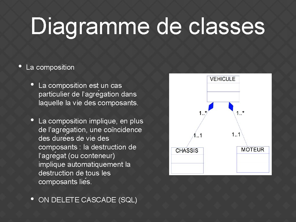 Diagramme de classes • La composition est un cas particulier de l’agre gation dans