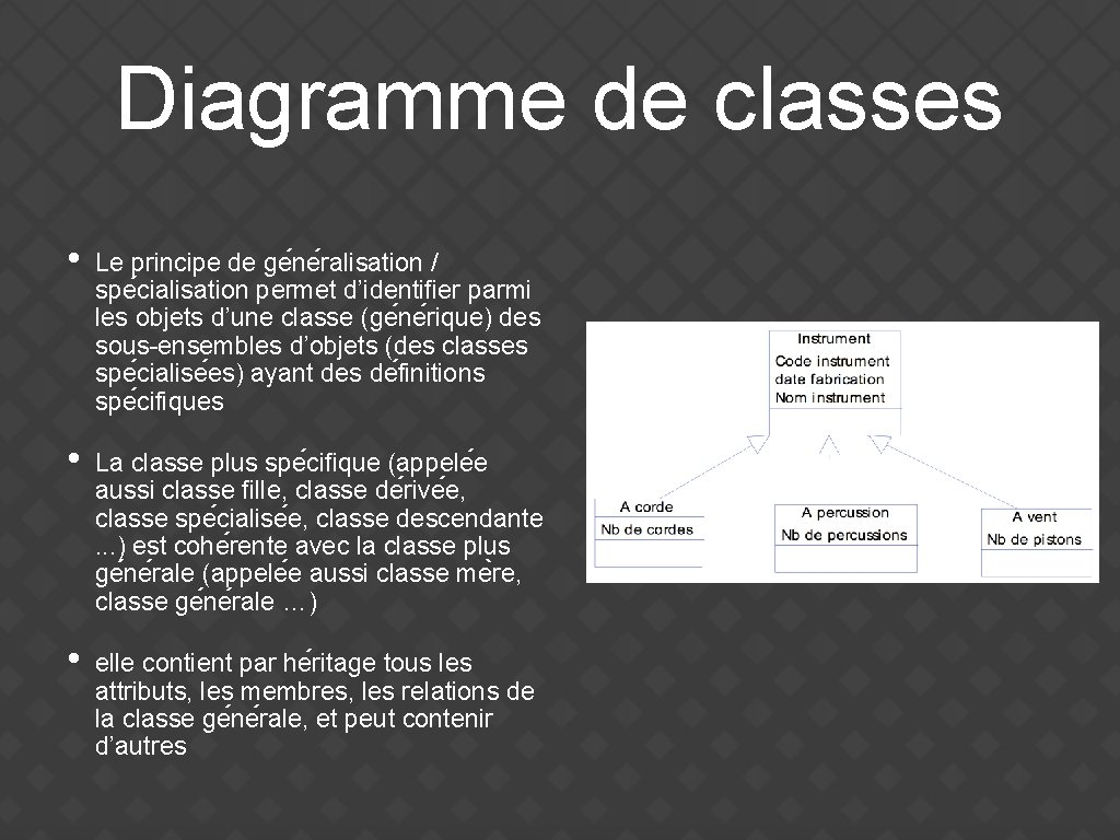 Diagramme de classes • Le principe de ge ne ralisation / spe cialisation permet