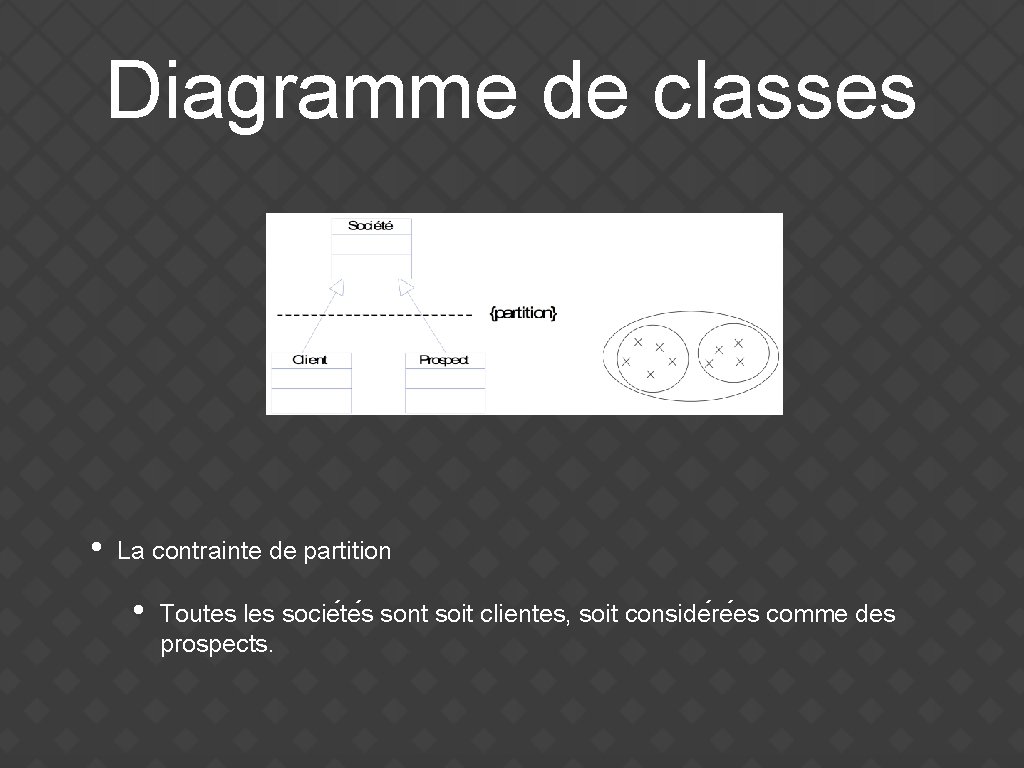 Diagramme de classes • La contrainte de partition • Toutes les socie te s