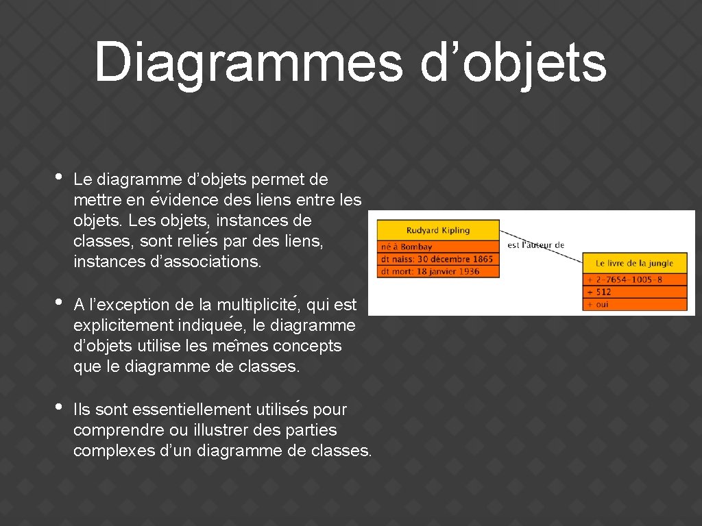 Diagrammes d’objets • Le diagramme d’objets permet de mettre en e vidence des liens