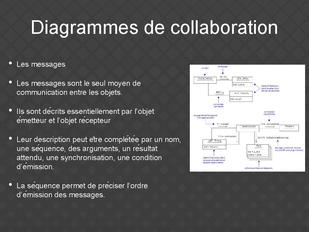 Diagrammes de collaboration • Les messages sont le seul moyen de communication entre les