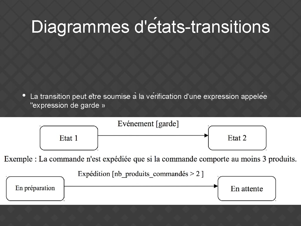 Diagrammes d'e tats-transitions • La transition peut e tre soumise a la ve rification