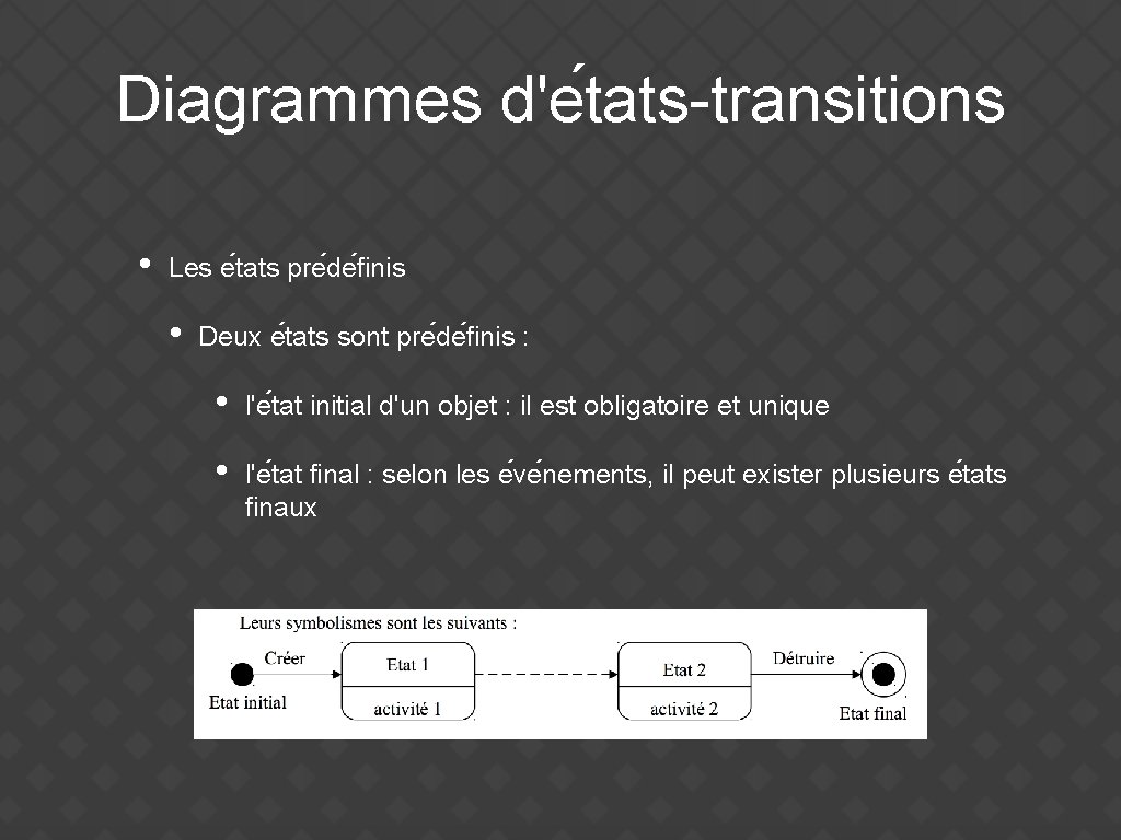 Diagrammes d'e tats-transitions • Les e tats pre de finis • Deux e tats