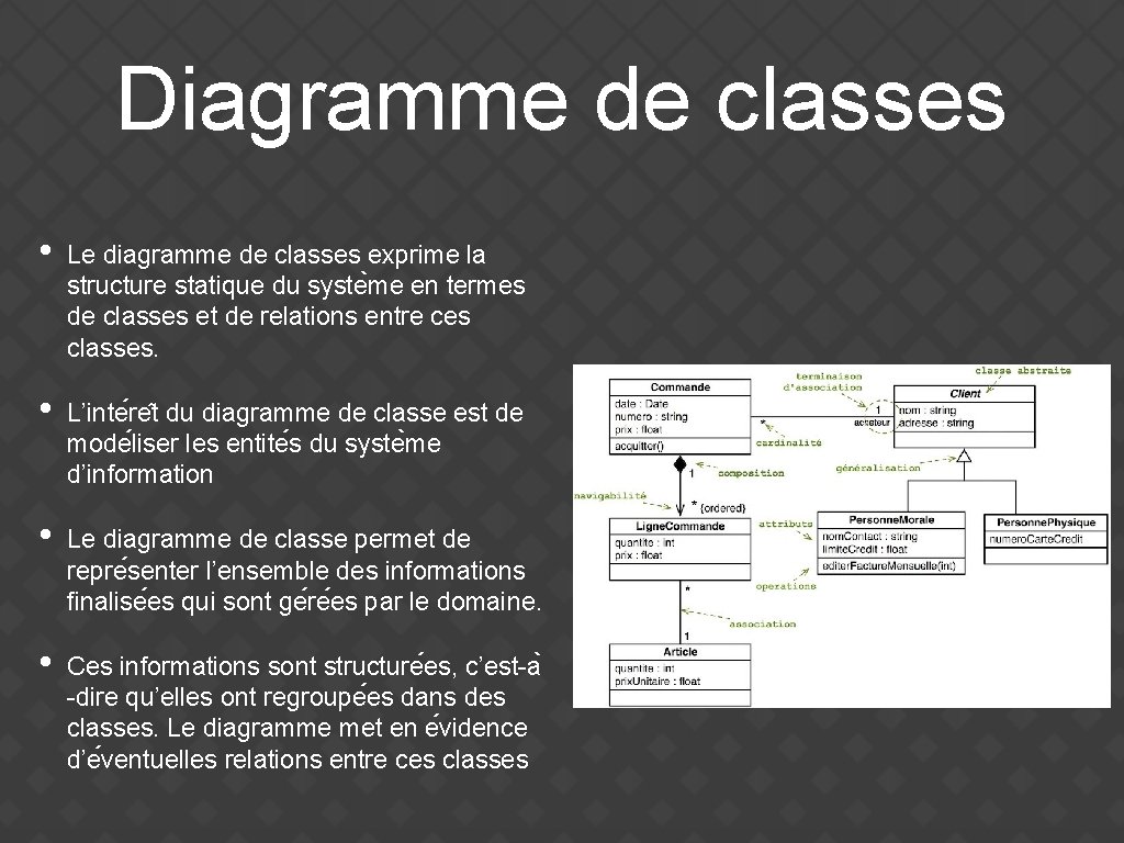 Diagramme de classes • Le diagramme de classes exprime la structure statique du syste