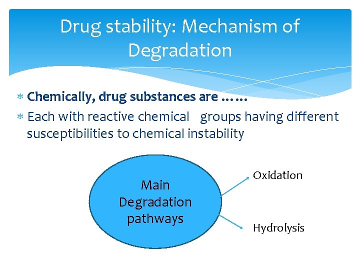 Drug stability: Mechanism of Degradation Chemically, drug substances are …… Each with reactive chemical