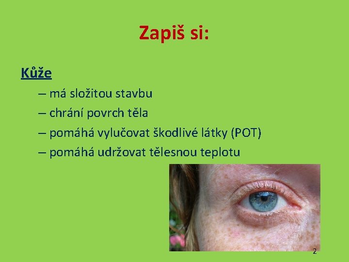 Zapiš si: Kůže – má složitou stavbu – chrání povrch těla – pomáhá vylučovat