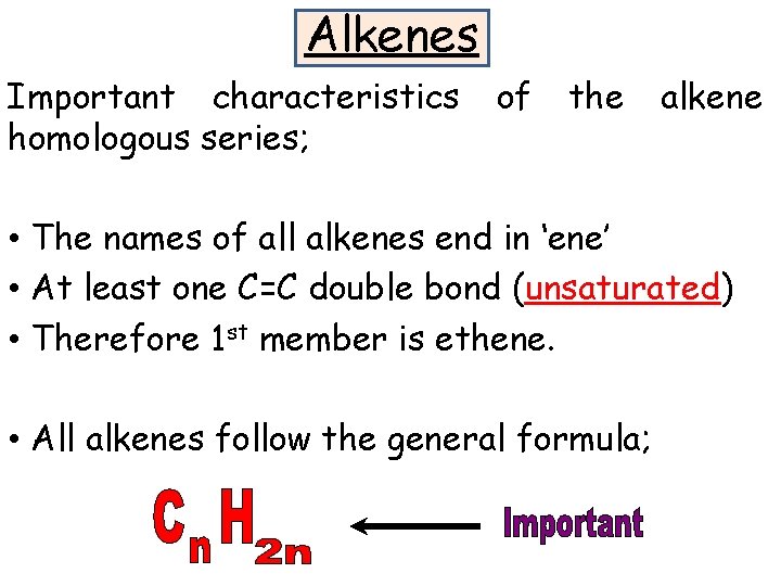 Alkenes Important characteristics homologous series; of the alkene • The names of all alkenes