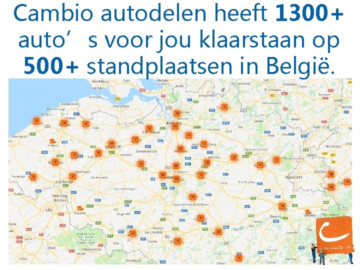 Cambio autodelen heeft 1300+ auto’s voor jou klaarstaan op 500+ standplaatsen in België. 