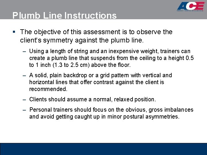 Plumb Line Instructions § The objective of this assessment is to observe the client’s