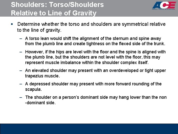 Shoulders: Torso/Shoulders Relative to Line of Gravity § Determine whether the torso and shoulders