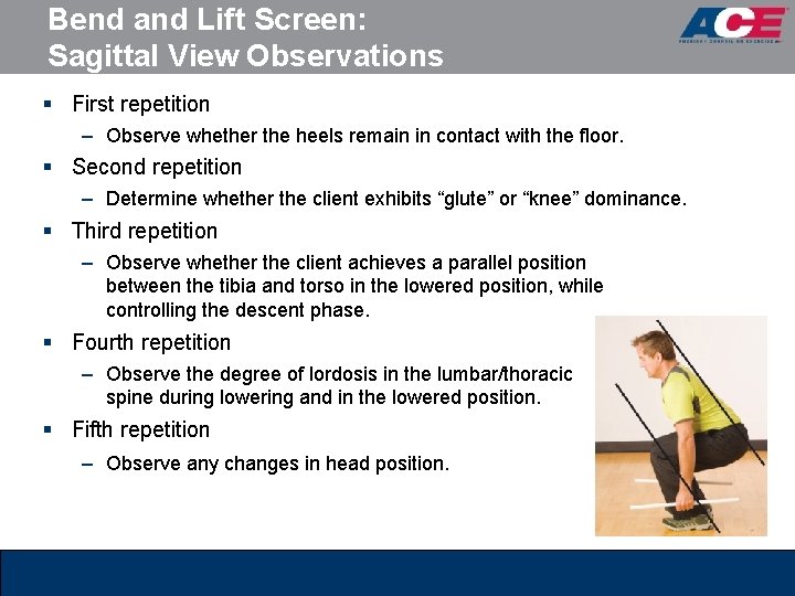 Bend and Lift Screen: Sagittal View Observations § First repetition – Observe whether the