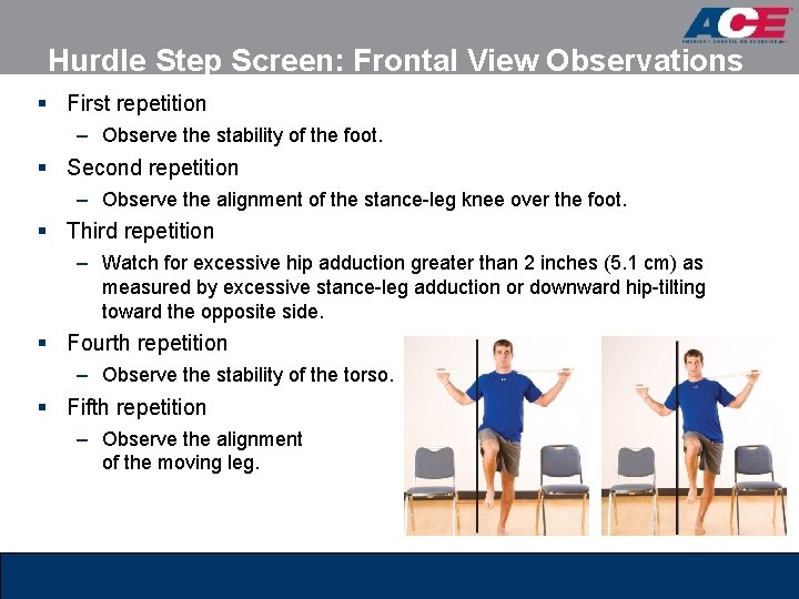 Hurdle Step Screen: Frontal View Observations § First repetition – Observe the stability of